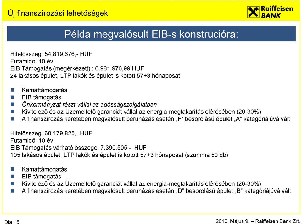 az energia-megtakarítás elérésében (20-30%) A finanszírozás keretében megvalósult beruházás esetén F besorolású épület A kategóriájúvá vált Hitelösszeg: 60.179.