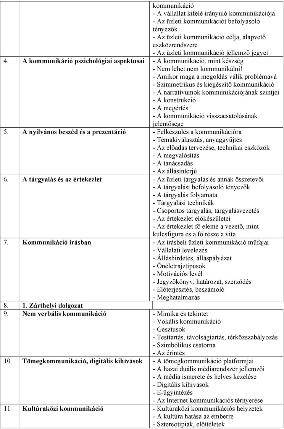 - Amikor maga a megoldás válik problémává - Szimmetrikus és kiegészítő kommunikáció - A narratívumok kommunikációjának szintjei - A konstrukció - A megértés - A kommunikáció visszacsatolásának