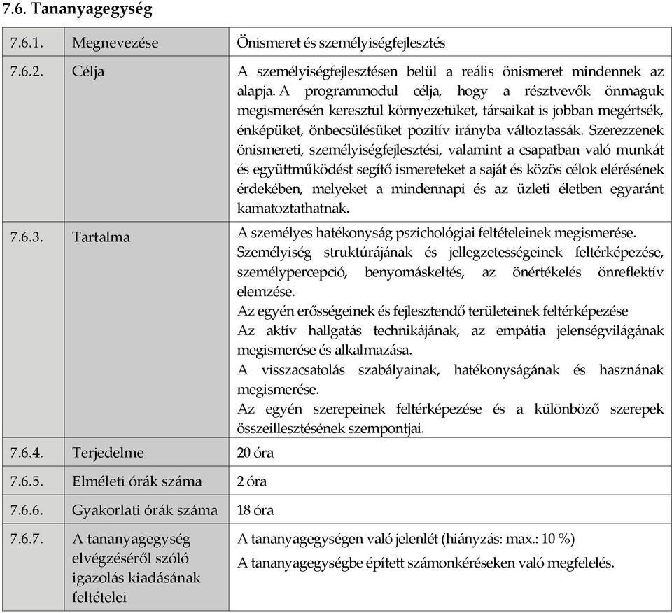 Szerezzenek önismereti, személyiségfejlesztési, valamint a csapatban való munkát és együttműködést segítő ismereteket a saját és közös célok elérésének érdekében, melyeket a mindennapi és az üzleti