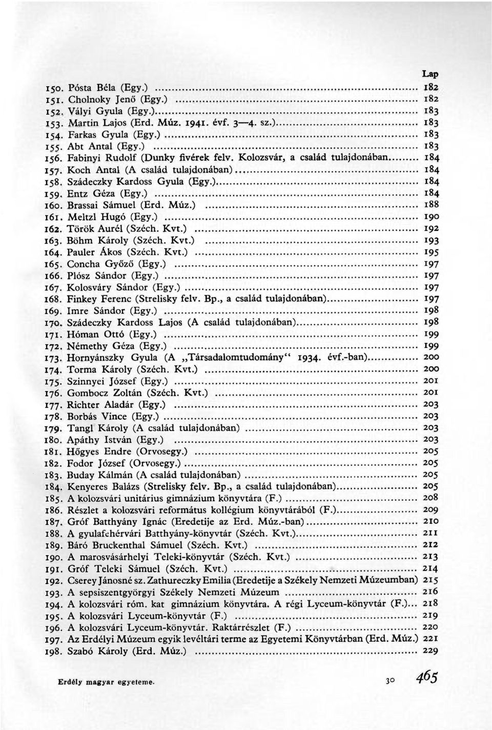 Brassai Sámuel (Erd. Múz.) 188 161. Meltzl Hugó (Egy.) 190 162. Török Aurél (Széch. Kvt.) 192 163. Böhm Károly (Széch. Kvt.) 193 164. Pauler Ákos (Széch. Kvt.) 195 165. Concha Győző (Egy.) 197 166.
