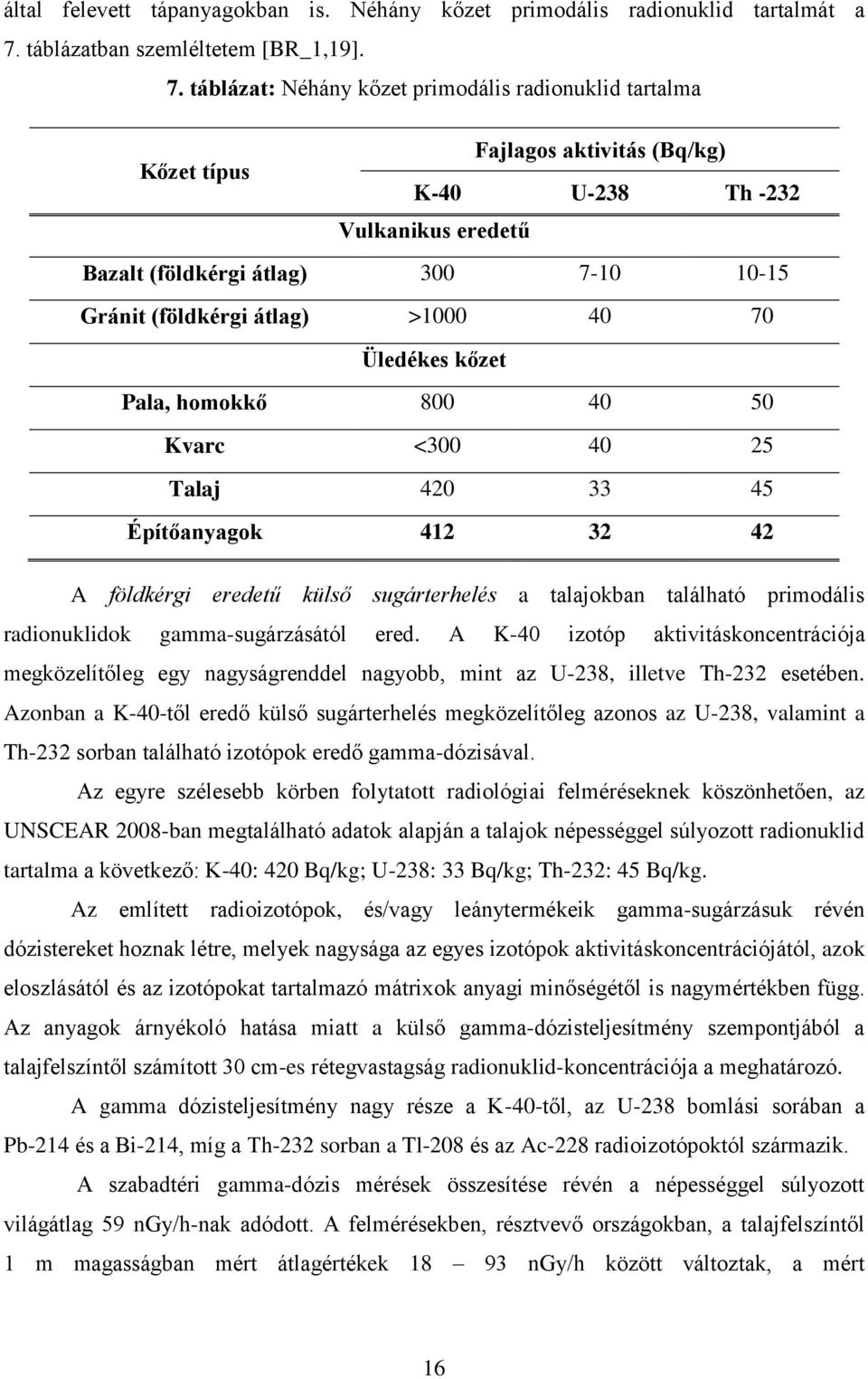 táblázat: Néhány kőzet primodális radionuklid tartalma Fajlagos aktivitás (Bq/kg) Kőzet típus K-40 U-238 Th -232 Vulkanikus eredetű Bazalt (földkérgi átlag) 300 7-10 10-15 Gránit (földkérgi átlag)