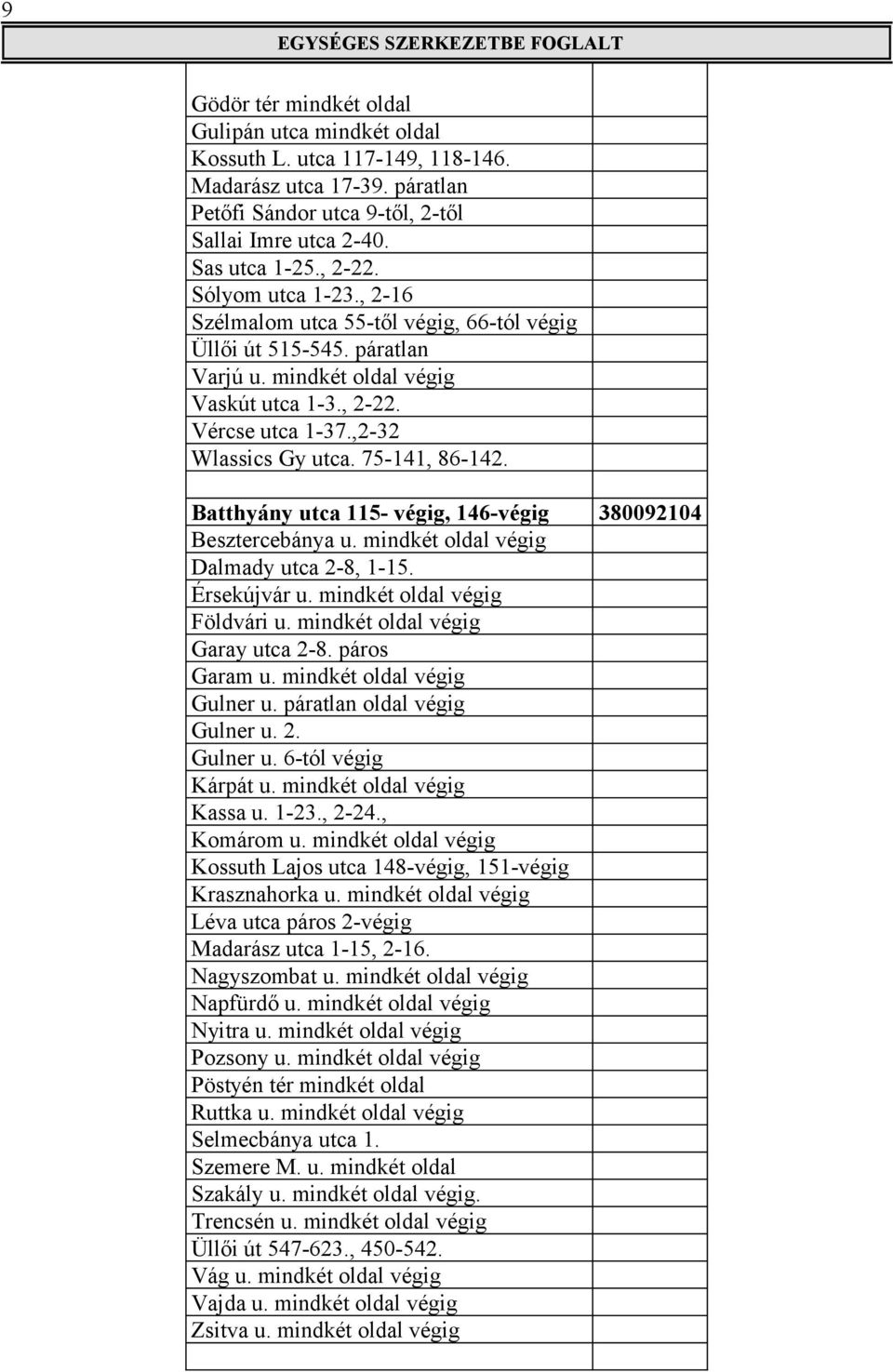 75-141, 86-142. Batthyány utca 115- végig, 146-végig 380092104 Besztercebánya u. mindkét oldal végig Dalmady utca 2-8, 1-15. Érsekújvár u. mindkét oldal végig Földvári u.