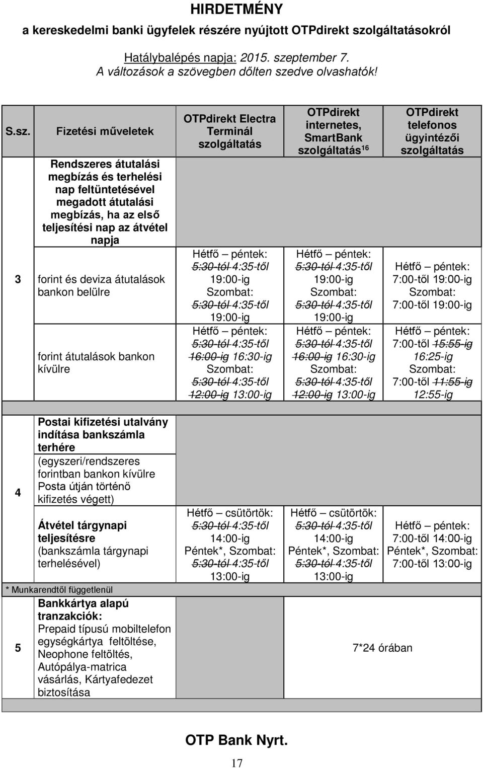 19:00-ig 16:00-ig 16:30-ig 12:00-ig 13:00-ig OTPdirekt telefonos ügyintézői szolgáltatás 7:00-től 19:00-ig 7:00-től 19:00-ig 7:00-től 15:55-ig 16:25-ig 7:00-től 11:55-ig 12:55-ig 4 Postai kifizetési