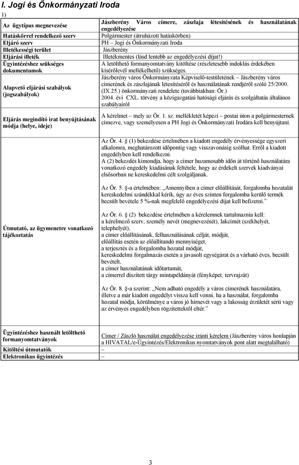 Jászberény város Önkormányzata Képviselő-testületének Jászberény város címerének és zászlajának létesítéséről és használatának rendjéről szóló 25/2000. (IX.25.) önkormányzati rendelete (továbbiakban: Ör.