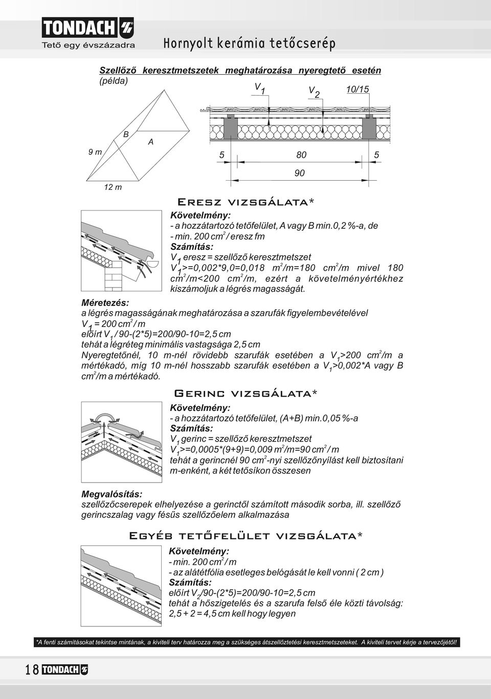 Méretezés: a légrés magasságának meghatározása a szarufák figyelembevételével V = 00 cm / m előírt V / 0-(*)=00/0-0=, cm tehát a légréteg minimális vastagsága, cm Nyeregtetőnél, 0 m-nél rövidebb