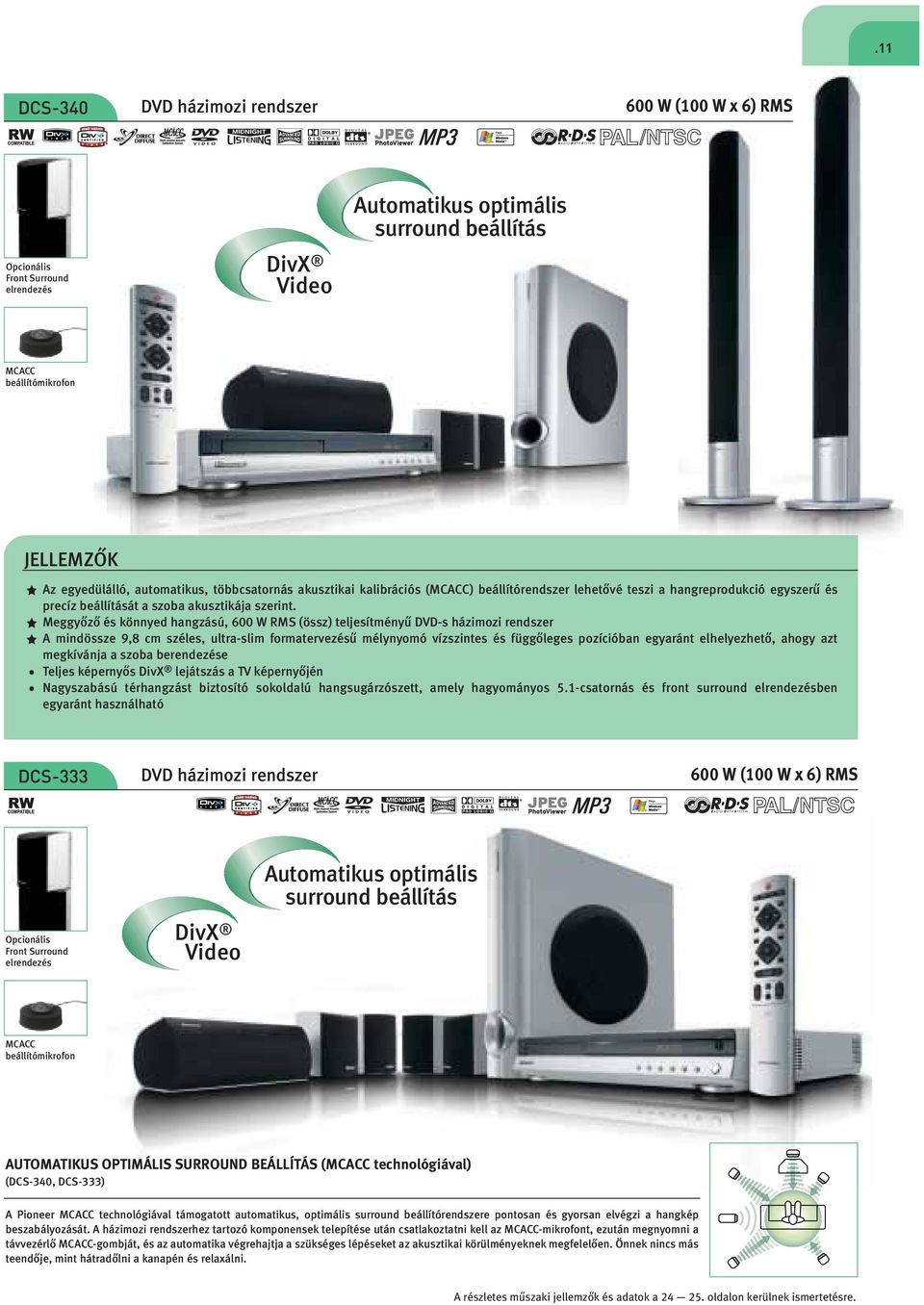 Meggyőző és könnyed hangzású, 600 W MS (össz) teljesítményű DVD-s házimozi rendszer A mindössze 9,8 cm széles, ultra-slim formatervezésű mélynyomó vízszintes és függőleges pozícióban egyaránt
