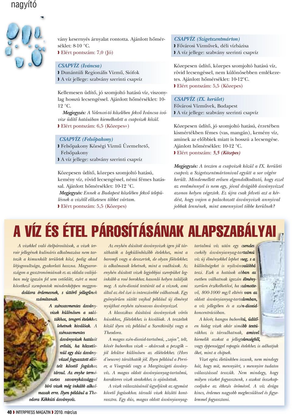 Ajánlott hômérséklet: 10-12 C. Megjegyzés: A Velencei-tó közelében fekvô Iváncsa ivóvize üdítô hatásában kiemelkedett a csapvizek közül.