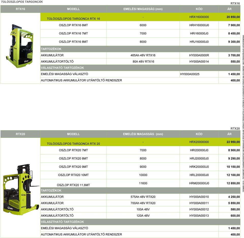 HRJ160000J0 9 300,00 AKKUMULÁTOR 465Ah 48V RTX16 HY000A0000R 3 700,00 AKKUMULÁTORTÖLTŐ 80A 48V RTX16 HY000A00014 550,00 EMELÉSI MAGASSÁG VÁLASZTÓ AUTOMATIKUS AKKUMULÁTOR UTÁNTÖLTŐ RENDSZER