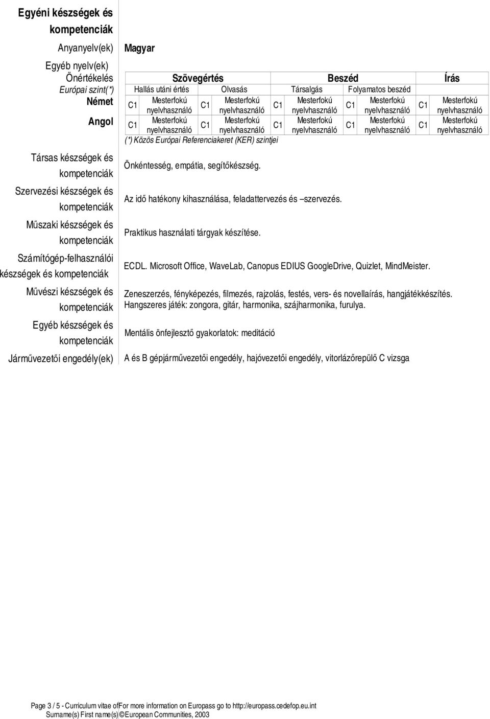 Európai Referenciakeret (KER) szintjei Társas készségek és Szervezési készségek és Műszaki készségek és Számítógép-felhasználói készségek és Művészi készségek és Egyéb készségek és Járművezetői