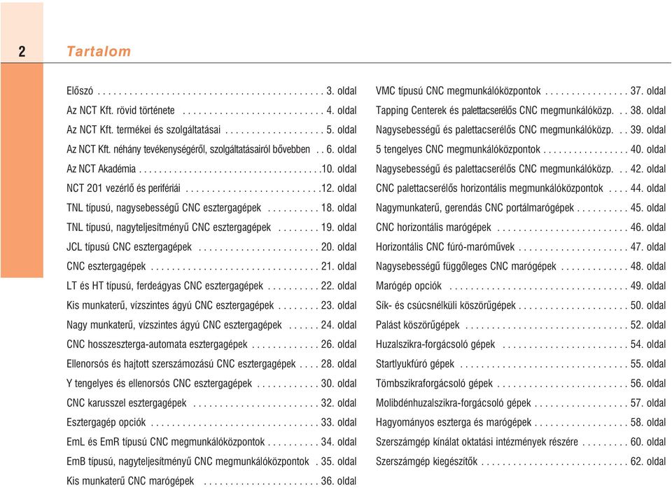 oldal TNL típusú, nagysebességû CNC esztergagépek.......... 18. oldal TNL típusú, nagyteljesítményû CNC esztergagépek........ 19. oldal JCL típusú CNC esztergagépek....................... 20.