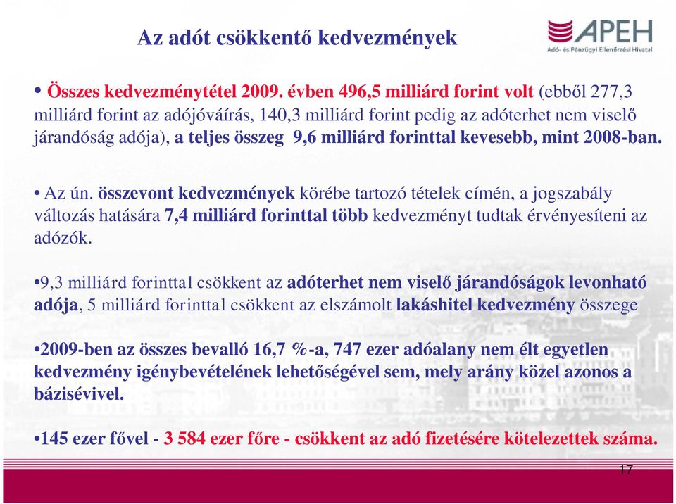 mint 2008-ban. Az ún. összevont kedvezmények körébe tartozó tételek címén, a jogszabály változás hatására 7,4 milliárd forinttal több kedvezményt tudtak érvényesíteni az adózók.