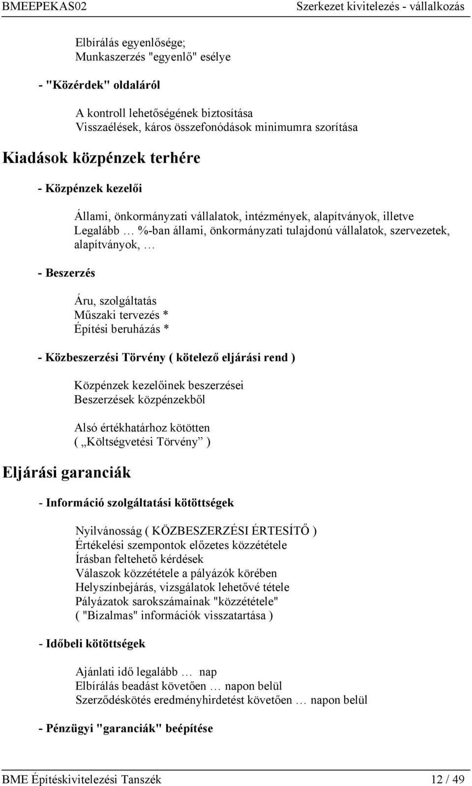 szolgáltatás Műszaki tervezés * Építési beruházás * - Közbeszerzési Törvény ( kötelező eljárási rend ) Eljárási garanciák Közpénzek kezelőinek beszerzései Beszerzések közpénzekből Alsó értékhatárhoz