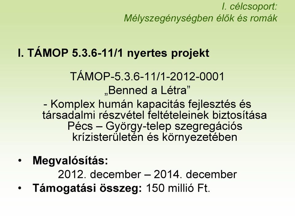 6-11/1-2012-0001 Benned a Létra - Komplex humán kapacitás fejlesztés és társadalmi