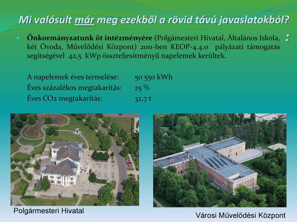 2011-ben KEOP-4.4.0 pályázati támogatás segítségével 42,5 kwp összteljesítményű napelemek kerültek.