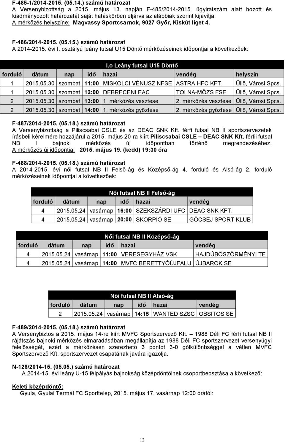 (05.15.) számú határozat A 2014-2015. évi I. osztályú leány futsal U15 Döntő mérkőzéseinek időpontjai a következőek: I.o Leány futsal U15 Döntő helyszín 1 2015.05.30 szombat 11:00 MISKOLCI VÉNUSZ NFSE ASTRA HFC KFT.