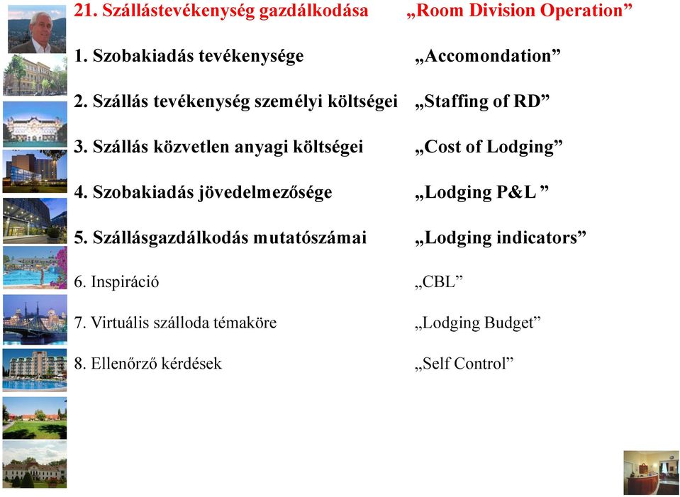 Szállás közvetlen anyagi költségei Cost of Lodging 4. Szobakiadás jövedelmezősége Lodging P&L 5.