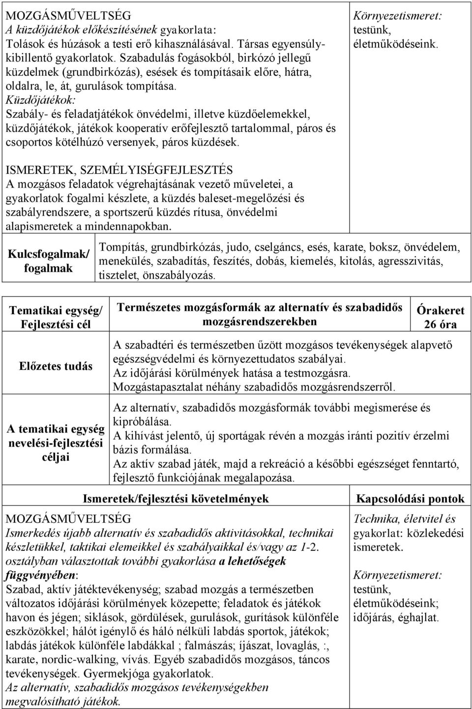 Küzdőjátékok: Szabály- és feladatjátékok önvédelmi, illetve küzdőelemekkel, küzdőjátékok, játékok kooperatív erőfejlesztő tartalommal, páros és csoportos kötélhúzó versenyek, páros küzdések.