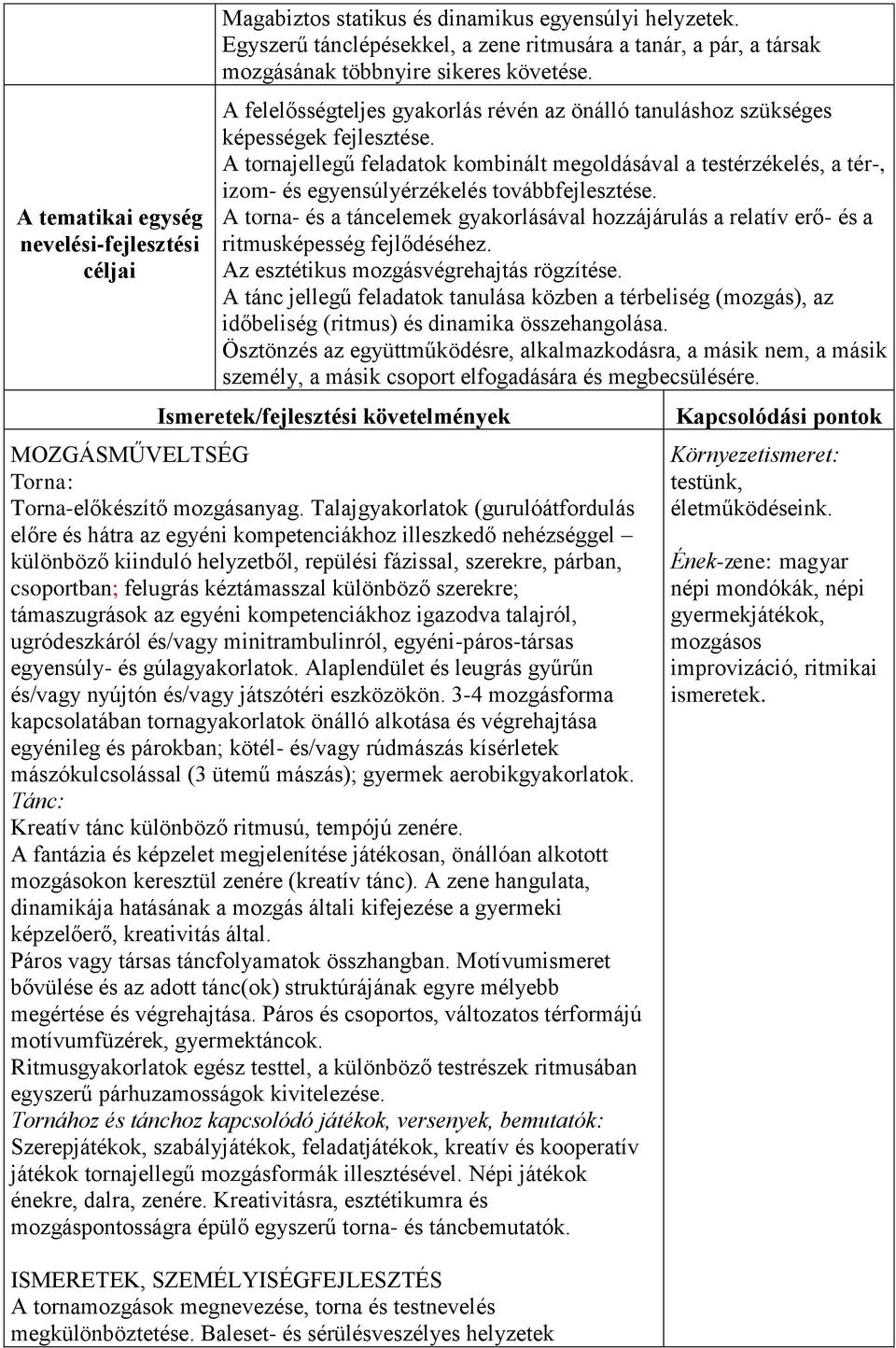 A tornajellegű feladatok kombinált megoldásával a testérzékelés, a tér-, izom- és egyensúlyérzékelés továbbfejlesztése.