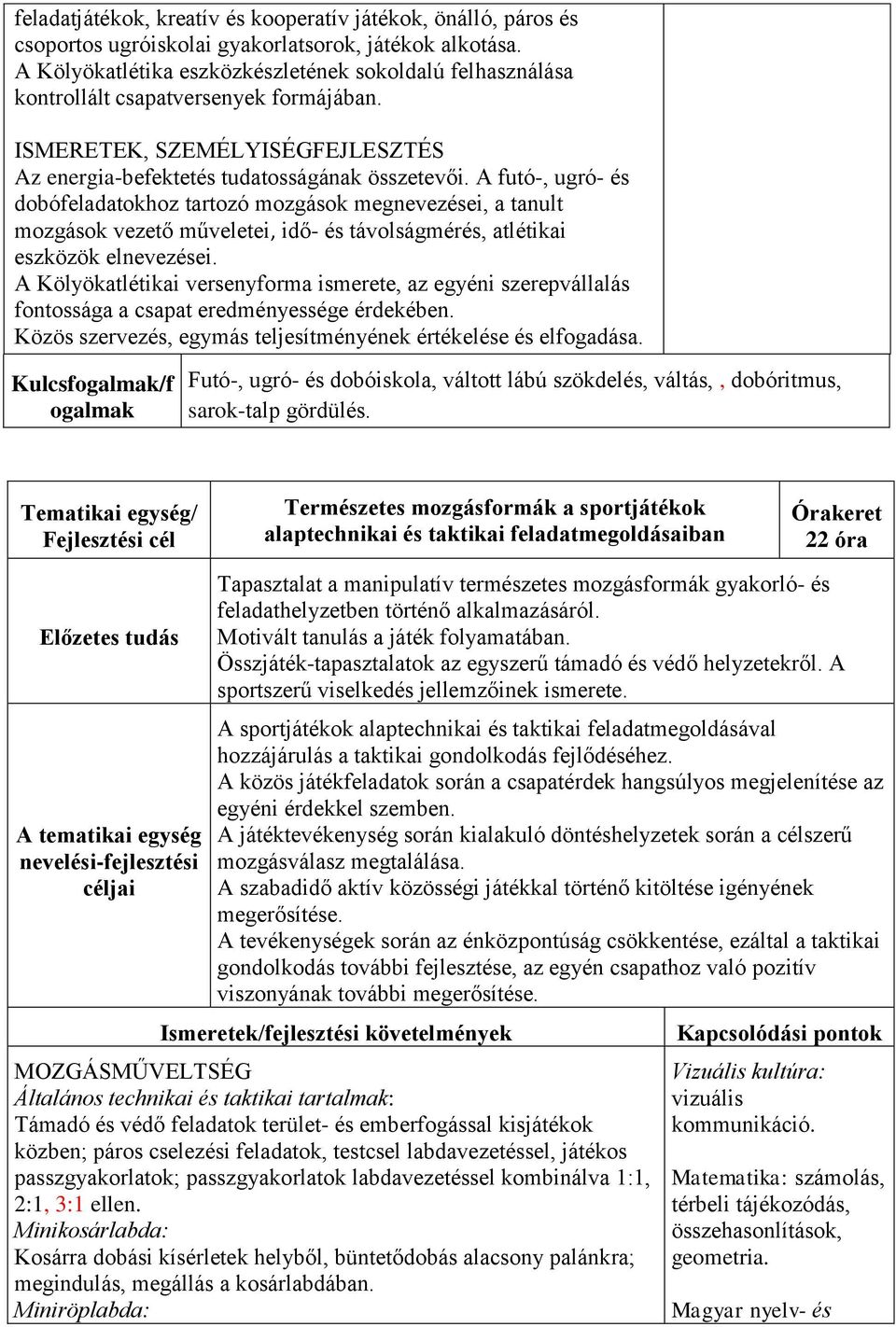 A futó-, ugró- és dobófeladatokhoz tartozó mozgások megnevezései, a tanult mozgások vezető műveletei, idő- és távolságmérés, atlétikai eszközök elnevezései.