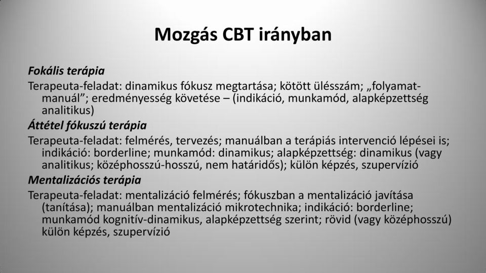 dinamikus (vagy analitikus; középhosszú-hosszú, nem határidős); külön képzés, szupervízió Mentalizációs terápia Terapeuta-feladat: mentalizáció felmérés; fókuszban a mentalizáció