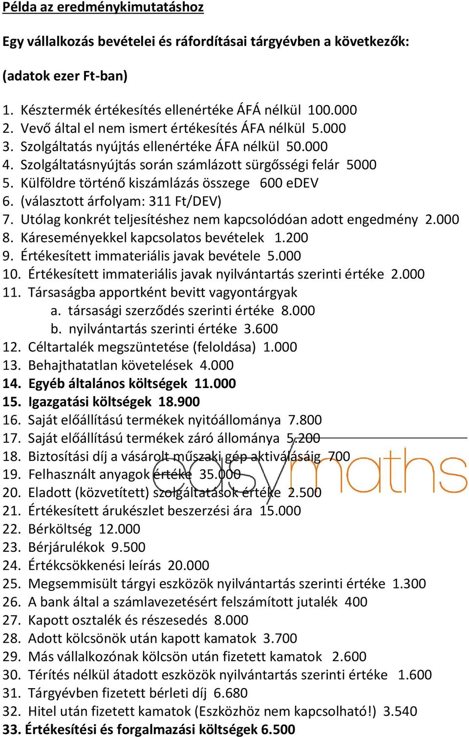 Külföldre történő kiszámlázás összege 600 edev 6. (választott árfolyam: 311 Ft/DEV) 7. Utólag konkrét teljesítéshez nem kapcsolódóan adott engedmény 2.000 8. Káreseményekkel kapcsolatos bevételek 1.