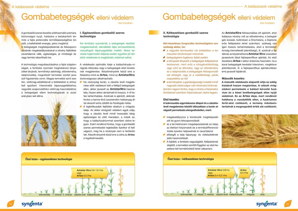 A technológia megválasztásához a fajta tulajdonságait, a fertőzési nyomást meghatározó tényezőket (évjárati, termőhelyi adottság, elővetemény, talajművelés), megcélzott termelési szintet javasolt