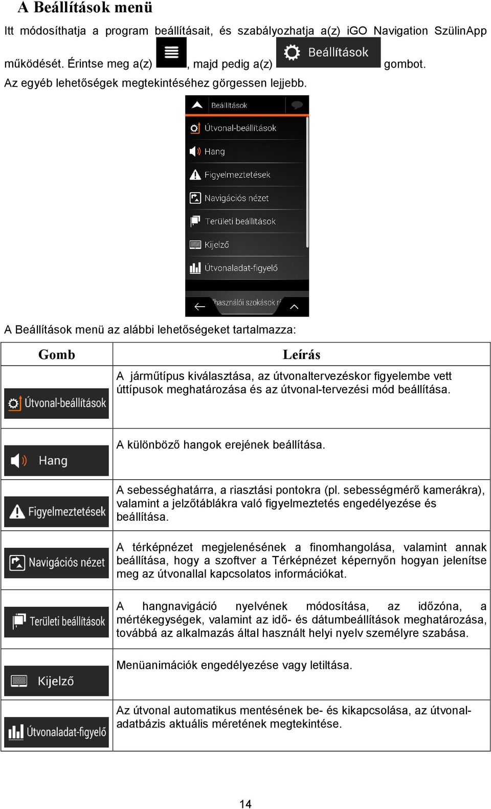 A Beállítások menü az alábbi lehetőségeket tartalmazza: Gomb Leírás A járműtípus kiválasztása, az útvonaltervezéskor figyelembe vett úttípusok meghatározása és az útvonal-tervezési mód beállítása.