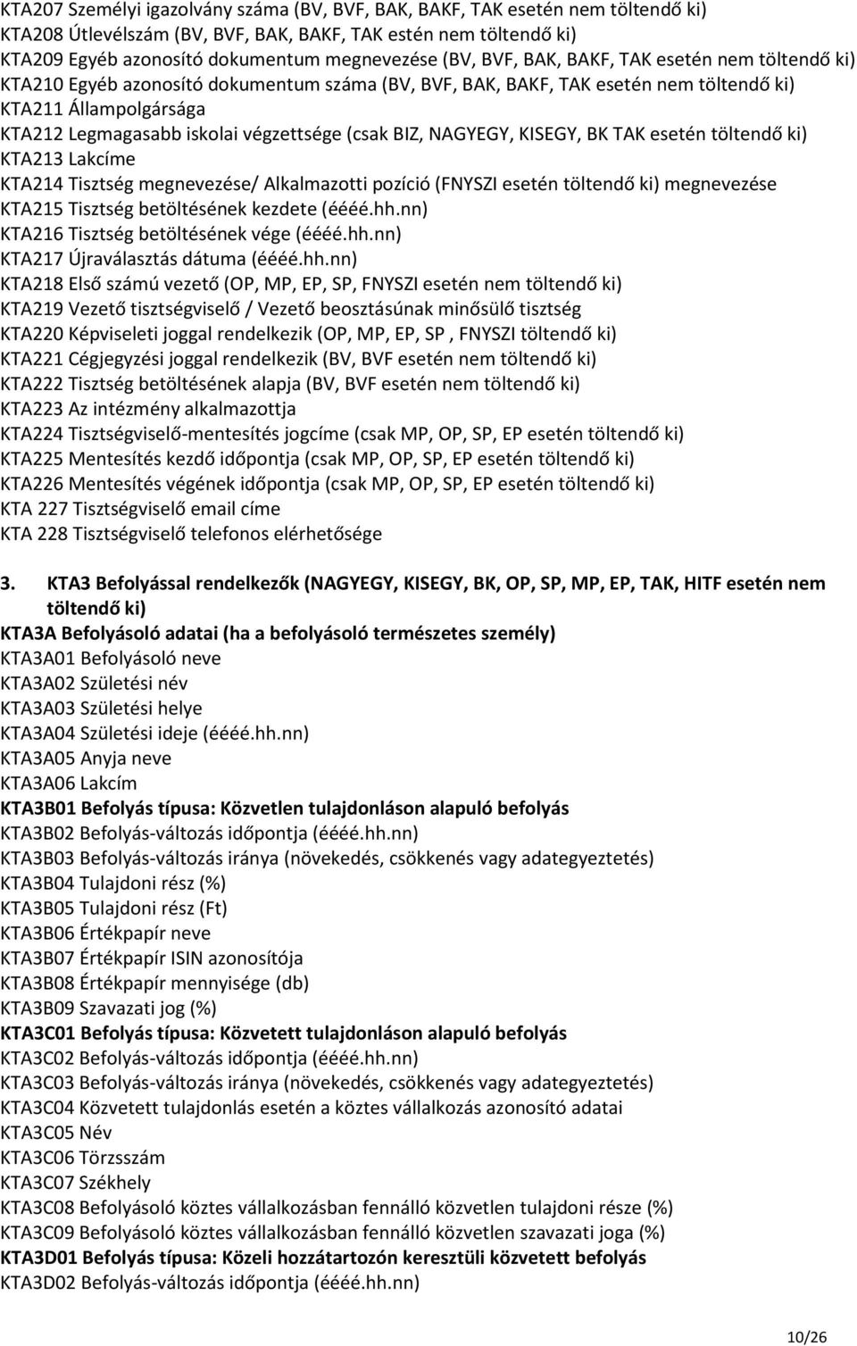 (csak BIZ, NAGYEGY, KISEGY, BK TAK esetén töltendő ki) KTA213 Lakcíme KTA214 Tisztség megnevezése/ Alkalmazotti pozíció (FNYSZI esetén töltendő ki) megnevezése KTA215 Tisztség betöltésének kezdete