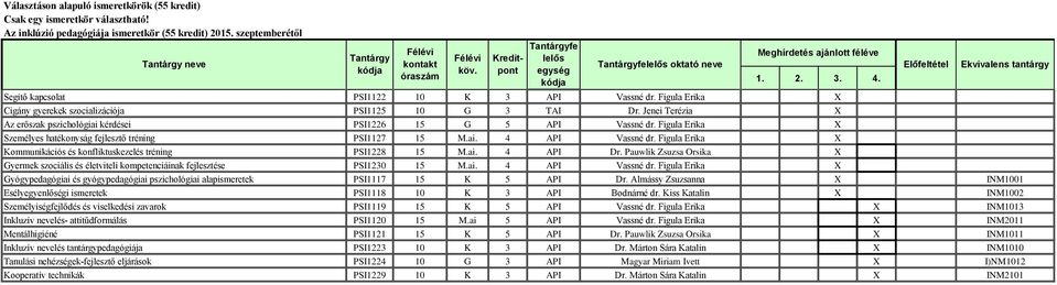 Figula Erika X Személyes hatékonyság fejlesztő tréning PSI1127 15 M.ai. 4 API Vassné dr. Figula Erika X Kommunikációs és konfliktuskezelés tréning PSI1228 15 M.ai. 4 API Dr.