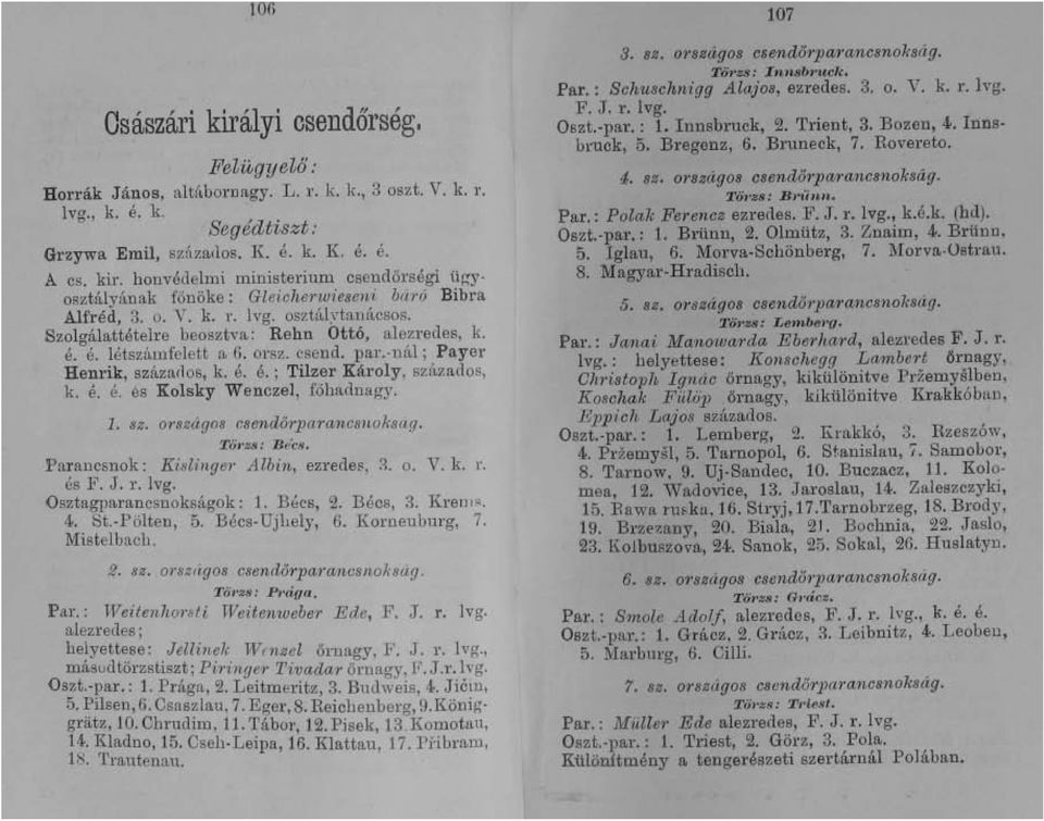 orsz. csend. par.-nál; Payer Henrik, százarlos, k. é. é.; Tilzer Károly, százados, k. é. é. és Kolsky Wenczel, főhadnagy. 1. sz. o?'8zágos csendőrparancsnoksag. TÖ1'ZS: Bécs. 'Parancsnok: Kislinge?