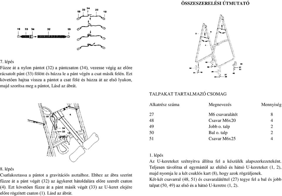 TALPAKAT TARTALMAZÓ CSOMAG Alkatrész száma Megnevezés Mennyiség 27 M6 csavaralátét 8 48 Csavar M6x20 4 49 Jobb o. talp 2 50 Bal o. talp 2 51 Csavar M6x25 4 8.