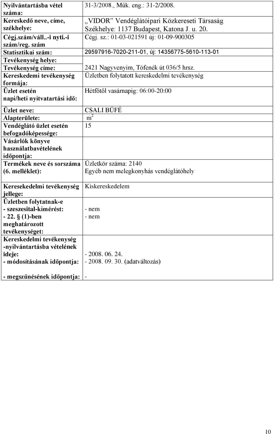 : 0103021591 új: 0109900305 Statisztikai szám: 29597916702021101, új: 14356775561011301 Tevékenység címe: 2421 Nagyvenyim, Tófenék út 036/5 hrsz.