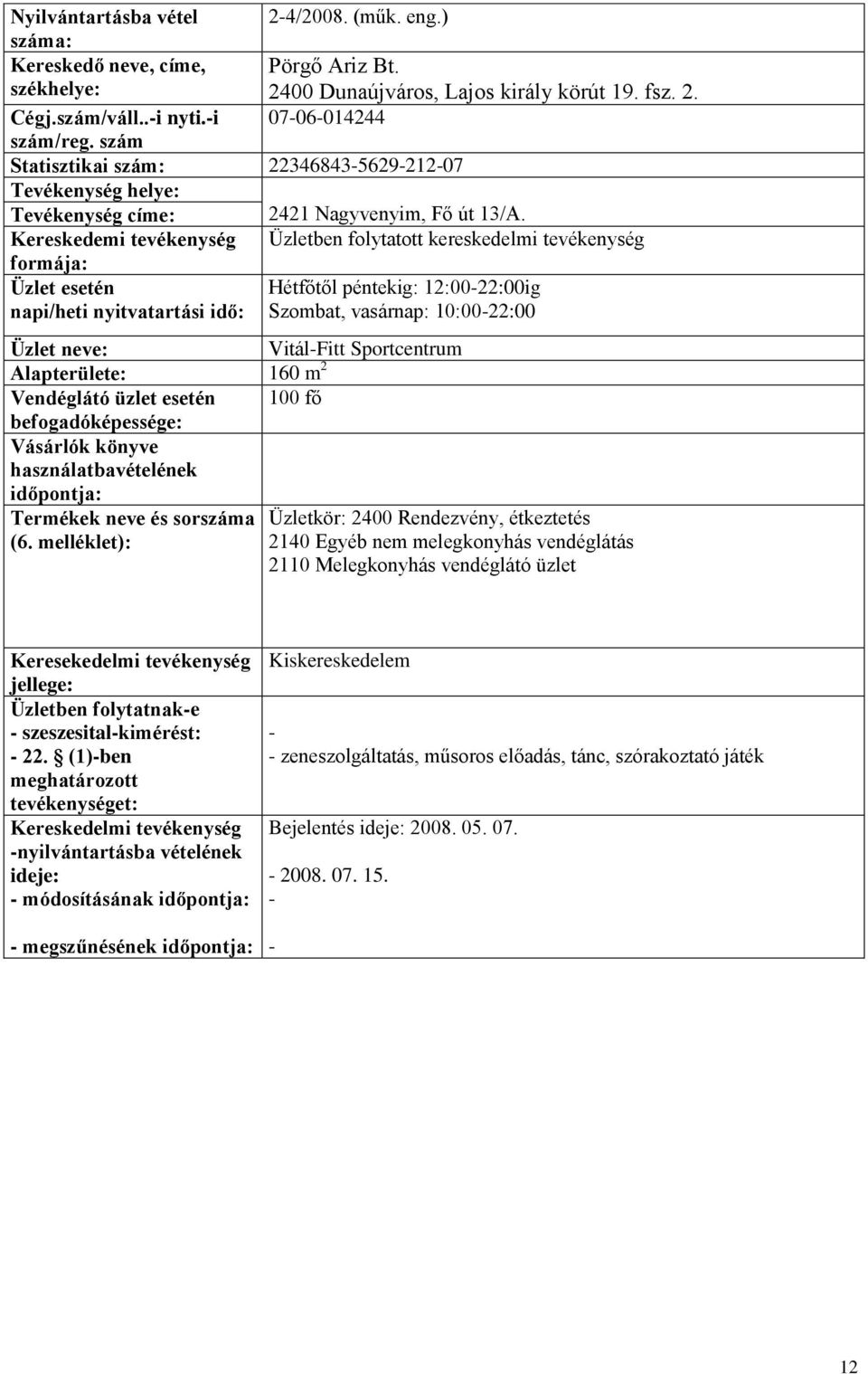 Hétfőtől péntekig: 12:0022:00ig napi/heti nyitvatartási idő: Szombat, vasárnap: 10:0022:00 VitálFitt Sportcentrum Alapterülete: 160 m 2 100 fő Termékek neve és sorszáma Üzletkör: 2400