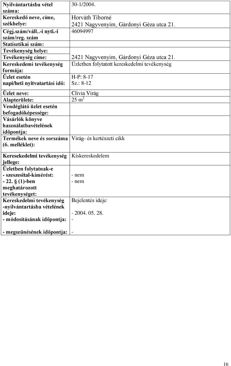 Horváth Tiborné 2421 Nagyvenyim, Gárdonyi Géza utca 21. 46094997 2421 Nagyvenyim, Gárdonyi Géza utca 21.