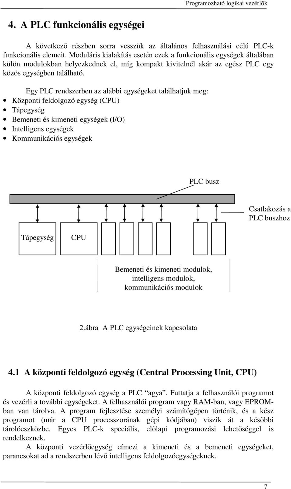 Egy PLC rendszerben az alábbi egységeket találhatjuk meg: Központi feldolgozó egység (CPU) Tápegység Bemeneti és kimeneti egységek (I/O) Intelligens egységek Kommunikációs egységek PLC busz