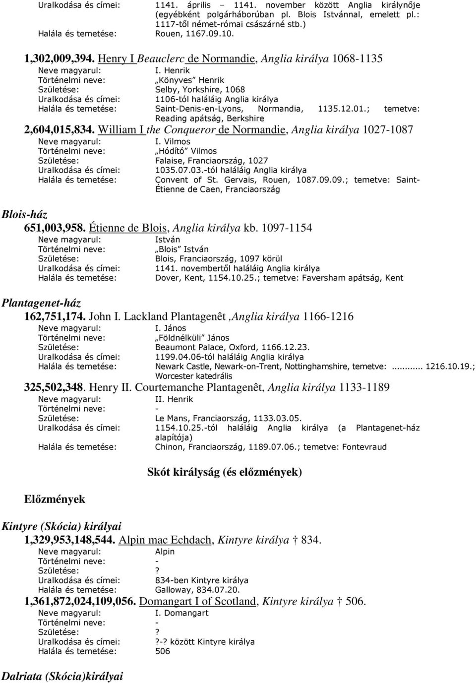 Henrik Történelmi neve: Könyves Henrik Születése: Selby, Yorkshire, 1068 1106-tól haláláig Anglia királya Halála és temetése: Saint-Denis-en-Lyons, Normandia, 1135.12.01.