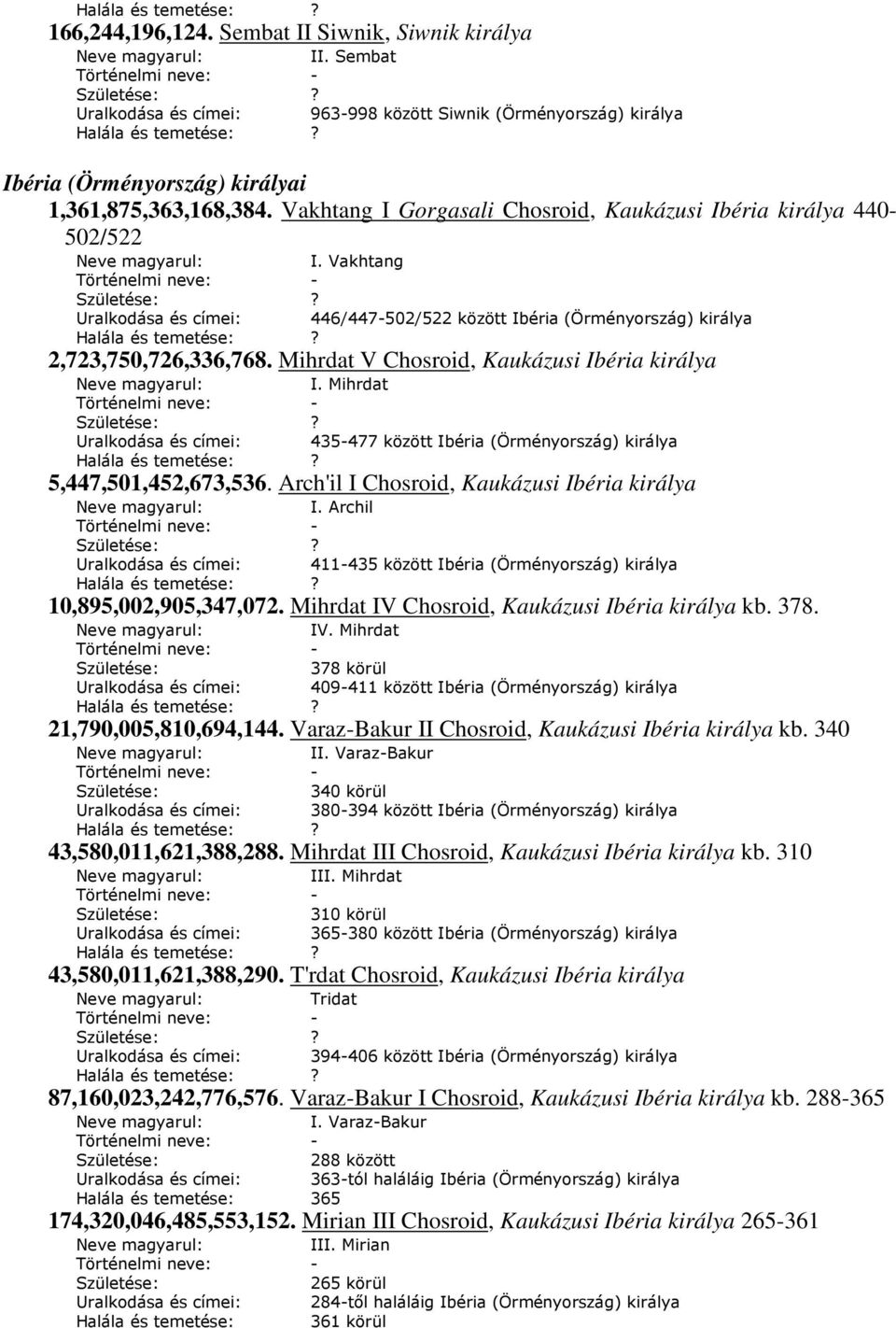 Vakhtang 446/447-502/522 között Ibéria (Örményország) királya Halála és temetése:? 2,723,750,726,336,768. Mihrdat V Chosroid, Kaukázusi Ibéria királya Neve magyarul: I.