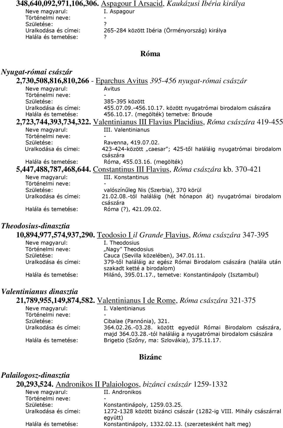 között nyugatrómai birodalom császára Halála és temetése: 456.10.17. (megölték) temetve: Brioude 2,723,744,393,734,322. Valentinianus III Flavius Placidius, Róma császára 419-455 Neve magyarul: III.