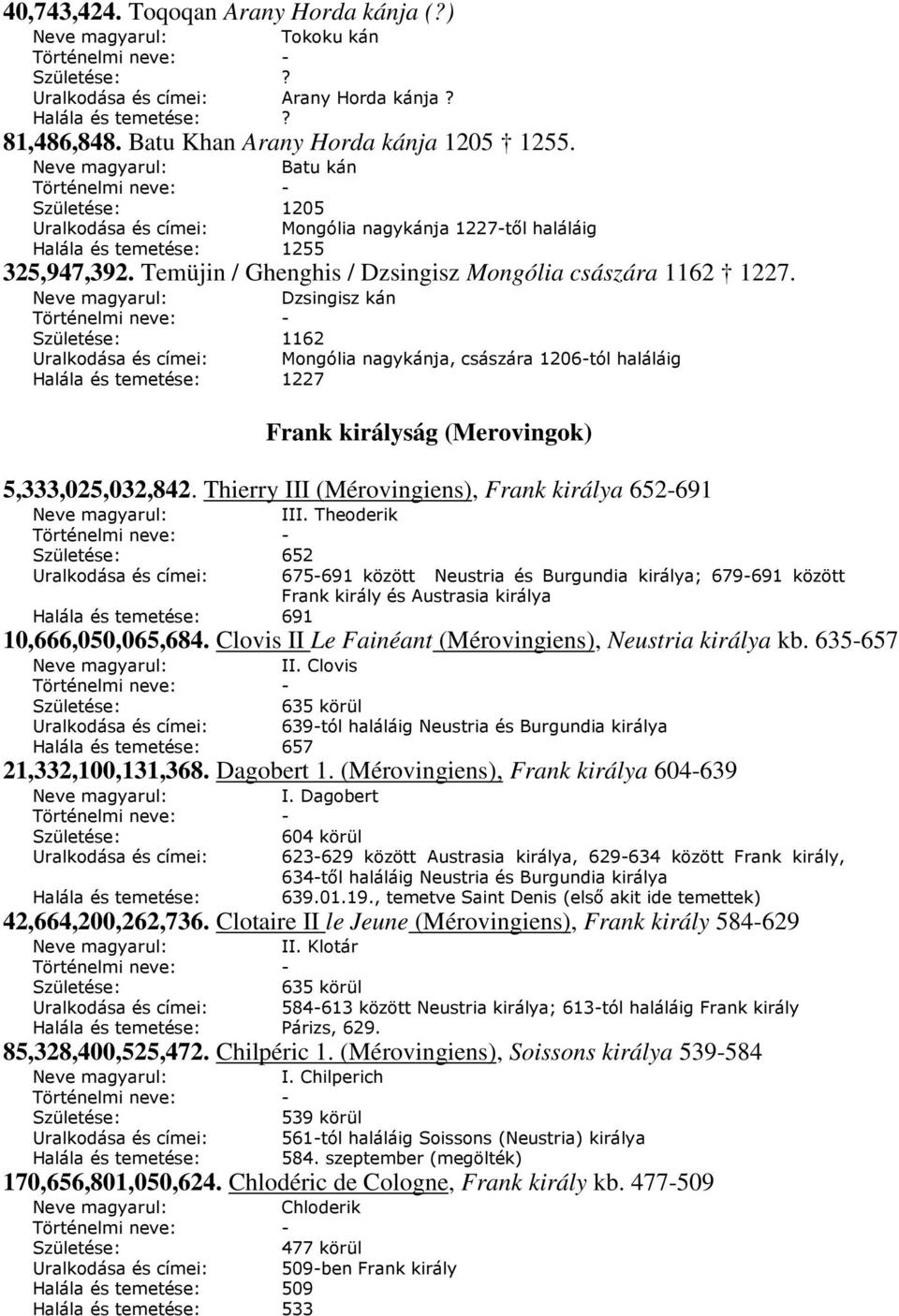 Neve magyarul: Dzsingisz kán Születése: 1162 Mongólia nagykánja, császára 1206-tól haláláig Halála és temetése: 1227 Frank királyság (Merovingok) 5,333,025,032,842.