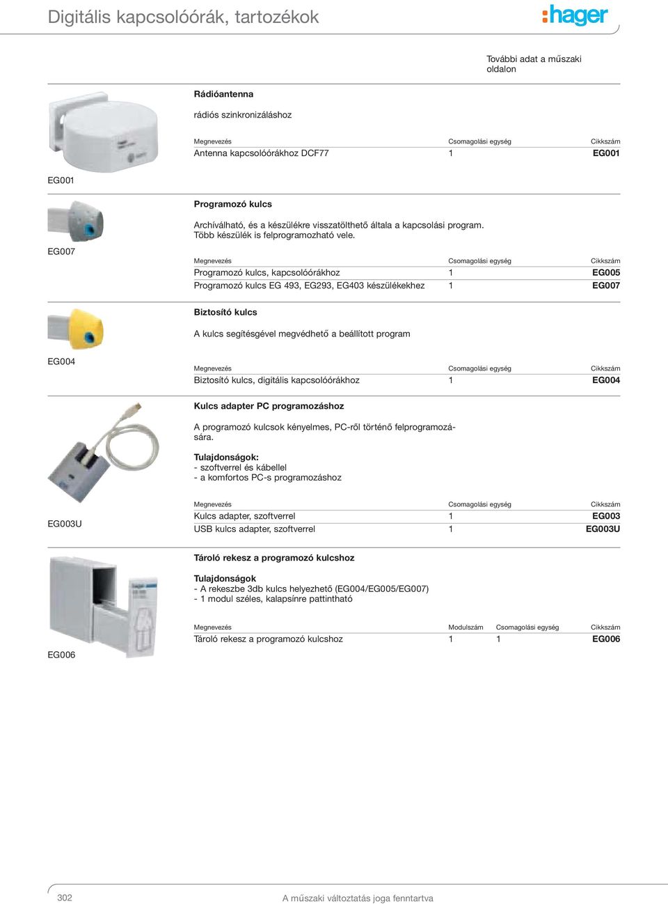 Programozó kulcs, kapcsolóórákhoz 1 EG005 Programozó kulcs EG 493, EG293, EG403 készülékekhez 1 EG007 Biztosító kulcs A kulcs segítésgével megvédhető a beállított program EG004 Biztosító kulcs,