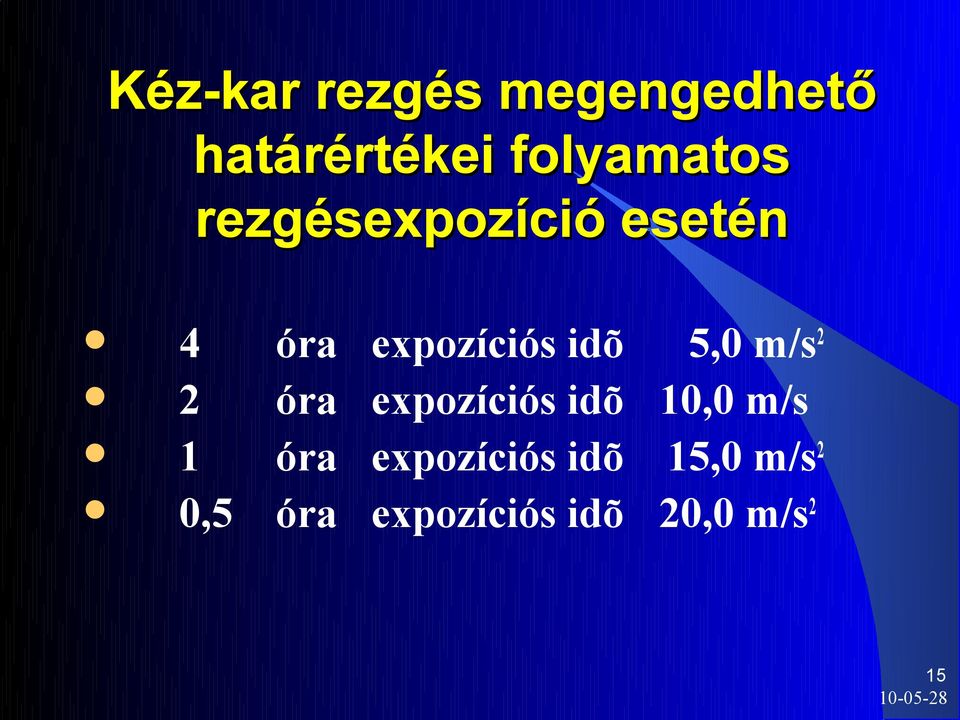 idõ 5,0 m/s 2 2 óra expozíciós idõ 10,0 m/s 1 óra