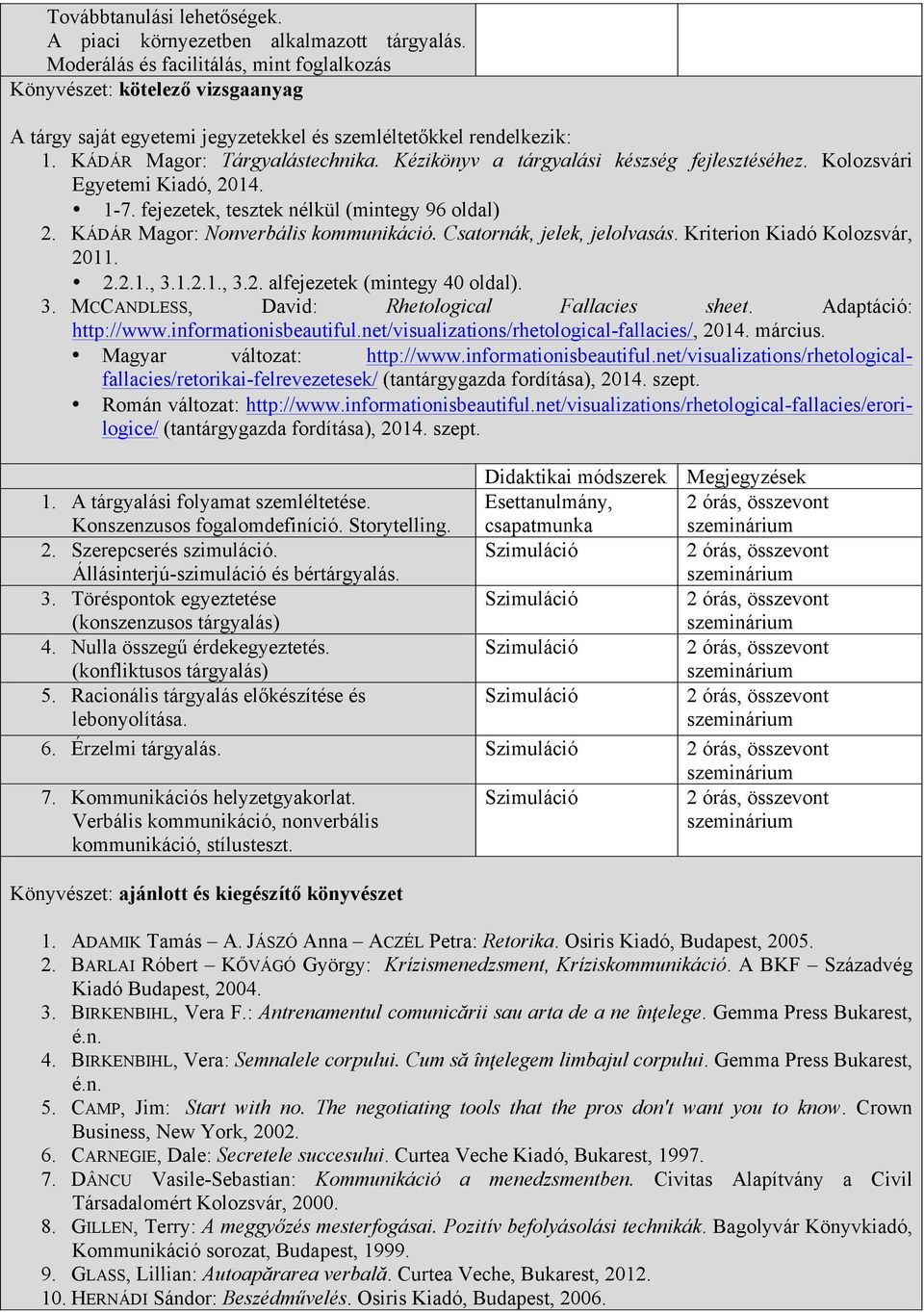 Kézikönyv a tárgyalási készség fejlesztéséhez. Kolozsvári Egyetemi Kiadó, 2014. 1-7. fejezetek, tesztek nélkül (mintegy 96 oldal) 2. KÁDÁR Magor: Nonverbális kommunikáció.