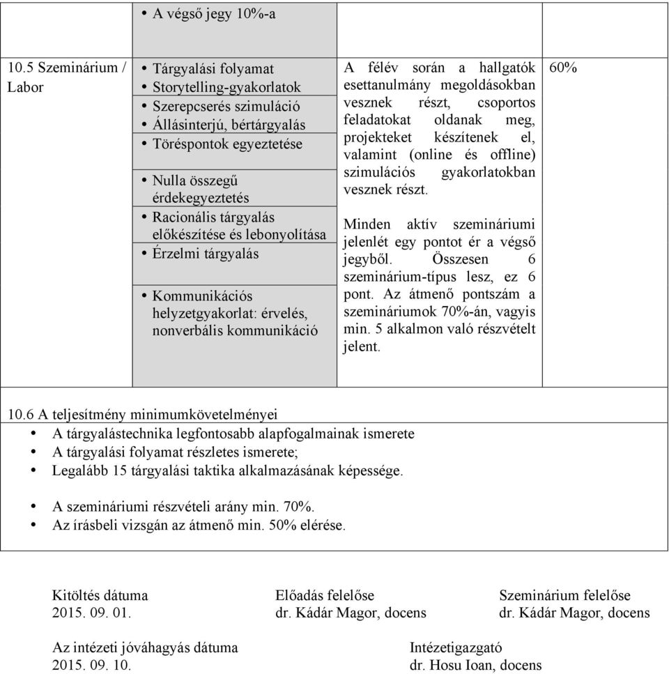 előkészítése és lebonyolítása Érzelmi tárgyalás Kommunikációs helyzetgyakorlat: érvelés, nonverbális kommunikáció A félév során a hallgatók esettanulmány megoldásokban vesznek részt, csoportos