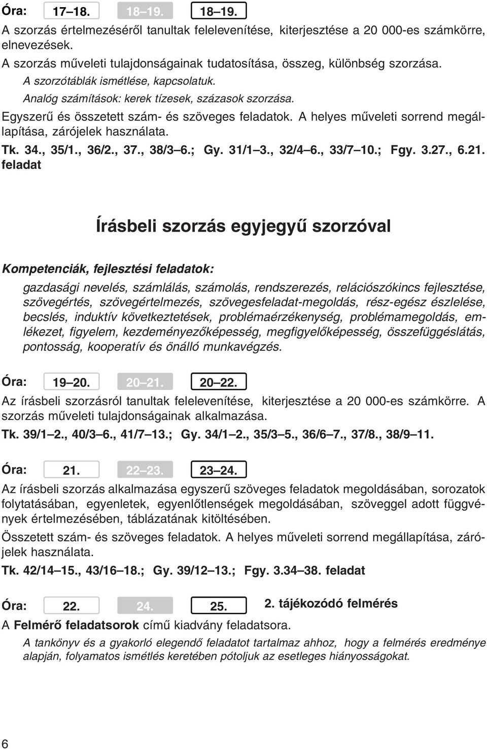 Egyszerű és összetett szám- és szöveges feladatok. A helyes műveleti sorrend megállapítása, zárójelek használata. Tk. 34., 35/1., 36/2., 37., 38/3 6.; Gy. 31/1 3., 32/4 6., 33/7 10.; Fgy. 3.27., 6.21.