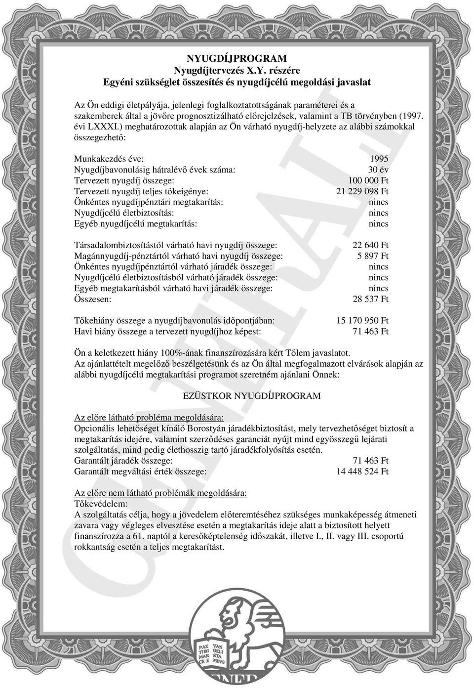 ) meghatározottak alapján az Ön várható nyugdíj-helyzete az alábbi számokkal összegezhetı: Munkakezdés éve: 1995 Nyugdíjbavonulásig hátralévı évek száma: 30 év Tervezett nyugdíj összege: 100 000 Ft