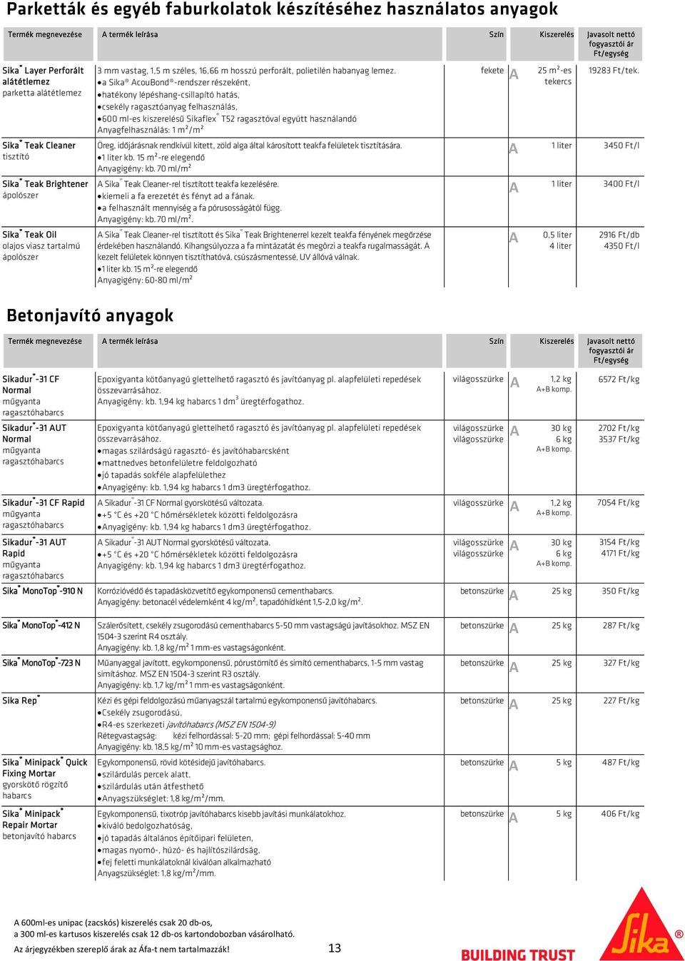 a Sika coubond -rendszer részeként, hatékony lépéshang-csillapító hatás, csekély ragasztóanyag felhasználás, -es kiszerelésű Sikaflex T52 ragasztóval együtt használandó nyagfelhasználás: 1 m²/m²