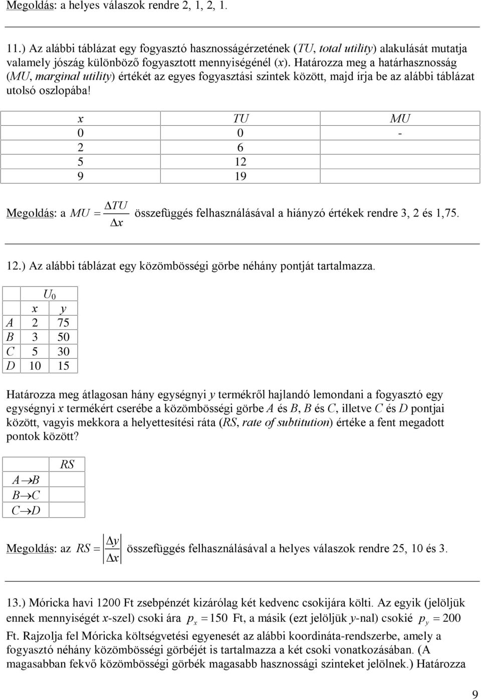 x TU MU 0 0-2 6 5 12 9 19 Megoldás: a MU TU x összefüggés felhasználásával a hiányzó értékek rendre 3, 2 és 1,75. 12.) Az alábbi táblázat egy közömbösségi görbe néhány pontját tartalmazza.