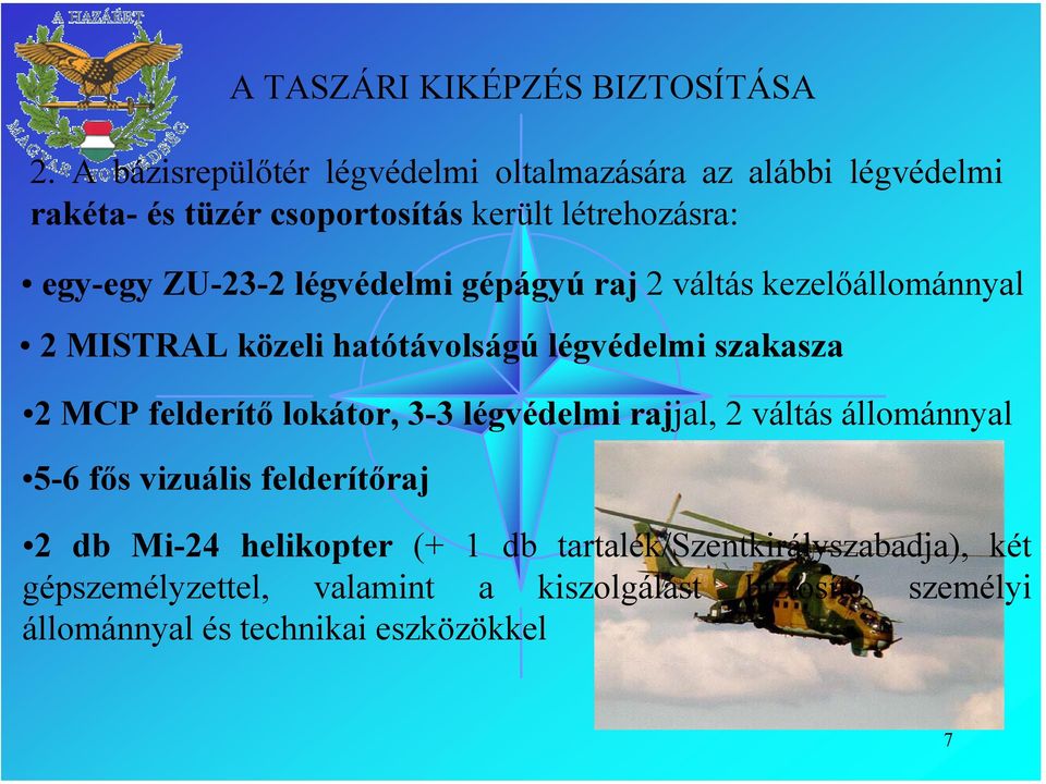 felderítő lokátor, 3-3 légvédelmi rajjal, 2 váltás állománnyal 5-6 fős vizuális felderítőraj 2 db Mi-24 helikopter (+ 1 db