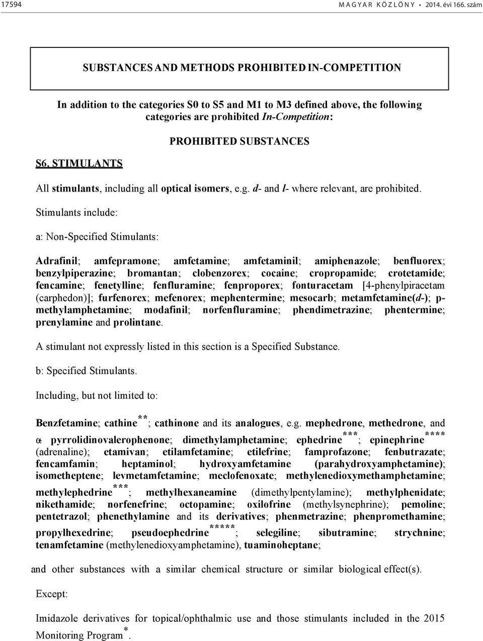 STIMULANTS PROHIBITED SUBSTANCES All stimulants, including all optical isomers, e.g. d- and l- where relevant, are prohibited.