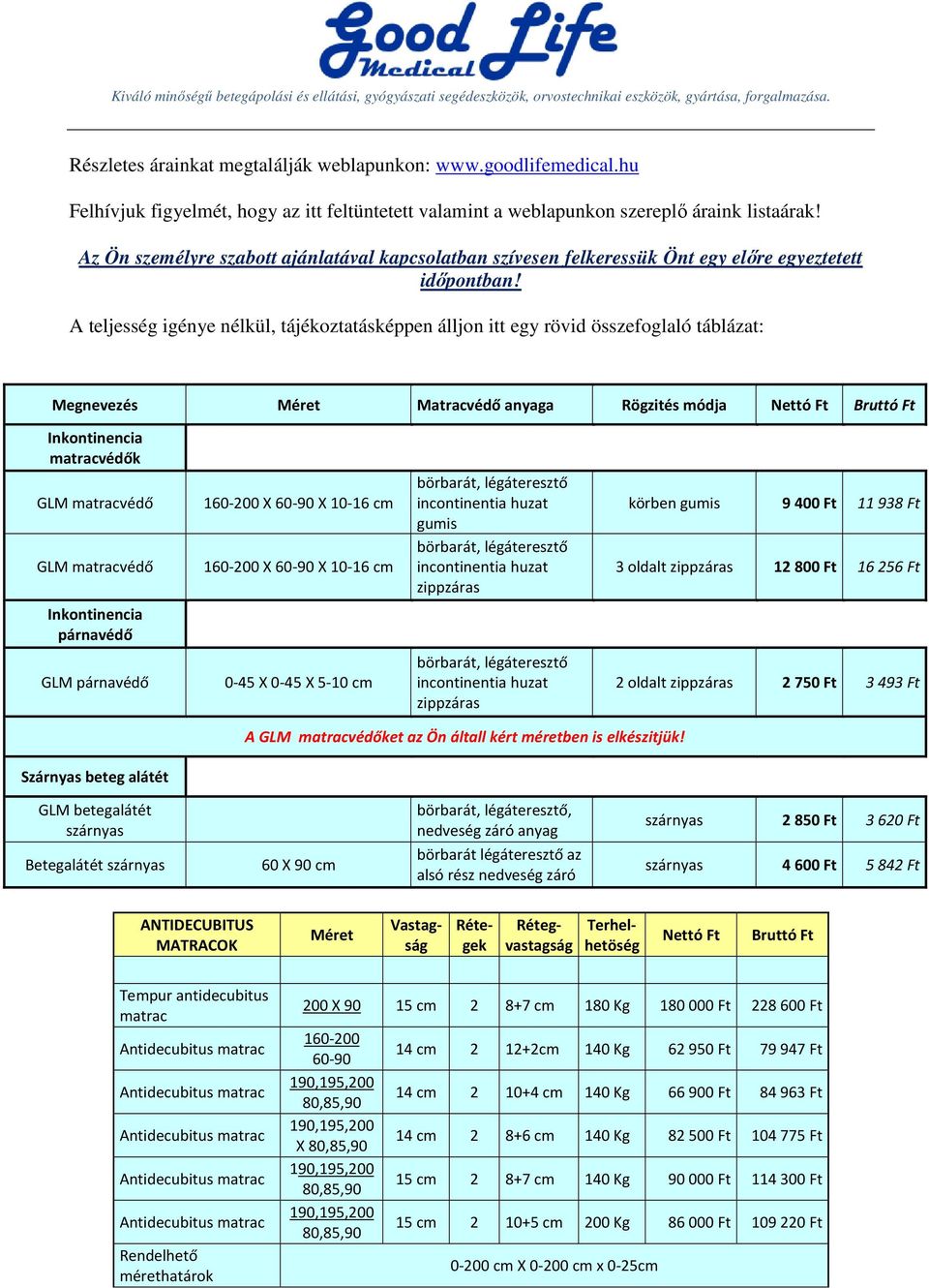 A teljesség igénye nélkül, tájékoztatásképpen álljon itt egy rövid összefoglaló táblázat: Megnevezés Méret Matracvédő anyaga Rögzités módja Nettó Ft Bruttó Ft Inkontinencia védők GLM védő GLM védő